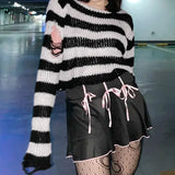 Pbong  Striped Women's Crop Sweater Punk Streetwear Korean Style Hole Thin Knitted Gothic Long Sleeve Y2k Pullover