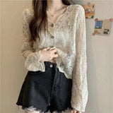 Vintage Lace Blouse Women Sheer Long Sleeve Sunscreen Shirt Cardigan Vacation Korean Elegant Casual Sun Protection Top