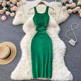 Pbong  Sexy Waistless Knitted SLing Dresses for Summer Women's Dress New Korean V-neck sleeveless Midi wrap buttocks split dress