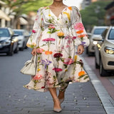 Pbong  Sexy Casual Floral Print Dress High Collar Full Sleeve Knee Length Polyester Fiber Independent Station Cross Border Dress