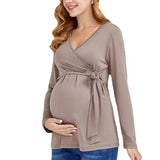 Pbong  Spring and Autumn New Soft Solid Color High-quality Pregnant Women's T-shirt Breastfeeding V-neck Long Sleeved Anti Glare Top
