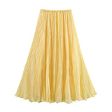 Pbong  Women Crinkle A-line Midi Butter Yellow Skirt Elastic Waist Spring Summer Holiday Elegant Skirts New faldas mujer