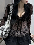 Y2k Retro Leopard Lace Trim V-Neck Blouses Women Velvet Long Sleeve Chic T-Shirt Trendy Clothes Autumn New