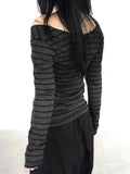Off Shoulder Striped Crop T Shirts Women Vintage Harajuku Fashion Long Sleeve Tess Female Casual Japanese Y2k Style Top