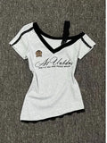 White-Gray Lace Sport Sexy Summer Off shoulder Top Women Y2k V neck Short sleeve T shirt Fashion Korean Lady Basic Tees 2025 New