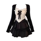 Pbong  Japanese Kawaii Lolita 3 Piece Set Women Patchwork Vintage Sweet Mini Skirt Suit Female Korean Fashion Casual Suit Sexy Winter