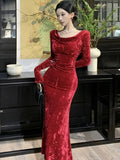 Women Autumn Vintage Velvet Long Sleeve Mermaid Prom Dress French Style Elegant Slim Bodycon Evening Party Clothes Vestidos New