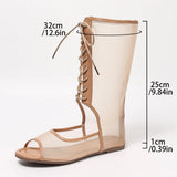 Pbong  Mesh Fishmouth Mid Calf Boots, Lace Up Open Toe Flat Booties, Summer Breathable Casual Shoes for Women
