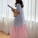 Pbong  Chic round Ne Striped Color Blo Loose Knee-Length Midi Dr Women's Frou Frou Skirt Commute Sle ort Sve Summer Dr