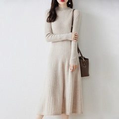 Autumn/Winter New A-line Pullover Dress Women's Half High Neck Over Knee Slim Knitted Cashmere Long Dress