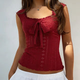 Euramerican All Match Casual Sqaure Collar Sleeveless Camisole Y2k Exquisite Hollow Oue Design Tops Solid Bow Design Clothes