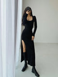 Pbong  Maxi Split Dresses for Women Solid Color Chic Temperament Robe Femme Slim Fit Square Collar Spring Dress