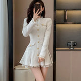 Korean Vintage Women Tweed Dresses 2025 Autumn New O-neck French Pleated A-line Party Short Dress Fashion Female Mini Vestidos