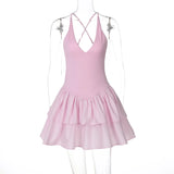 High Waist Ruffled Dress For Women Sexy V neck Halter Backless Suspender Dress Fashion Splice Solid A-line Mini Dress