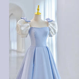 Pbong  Blue Square Collar Evening Dress Simple Long Slim Waist Party Dresses Bow Puff Sleeve Pleated Princess Prom Dresses Customized
