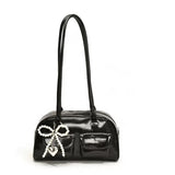Pbong  Black Glossy Boston Underarm Bag with Pearl Bow Women's Daily Commuter Purse