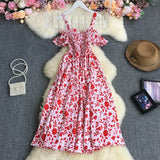 Pbong  Korean Fashion Sweet Off Shoulder Women Party Dress New Summer Floral Print Vacation Long Dress Beach Vestidos