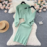 Pbong  Autumn Winter Slimming Knitted Sweater Dress Set Women's Mid-Length Base Layer Knee-Over Bottoming Dresses Fashionable