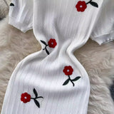 Pbong  Summer Knitted Elegant Embroidery Dress French Fashion White Black Short Sleeve Bodycon Dress Chic Lady Party Vestidos