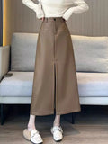 Sexy Slit Pu Long Skirt Women High Waist Slim Vintage Skirts Casual Fall Winter Lady Solid Retro American Streetwear Long Skirt