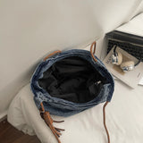 Pbong  Women's Vintage Washed Denim Tote Bag Braided Drawstring Casual Commuter Shoulder Bag Daily Large Capacity Handbag