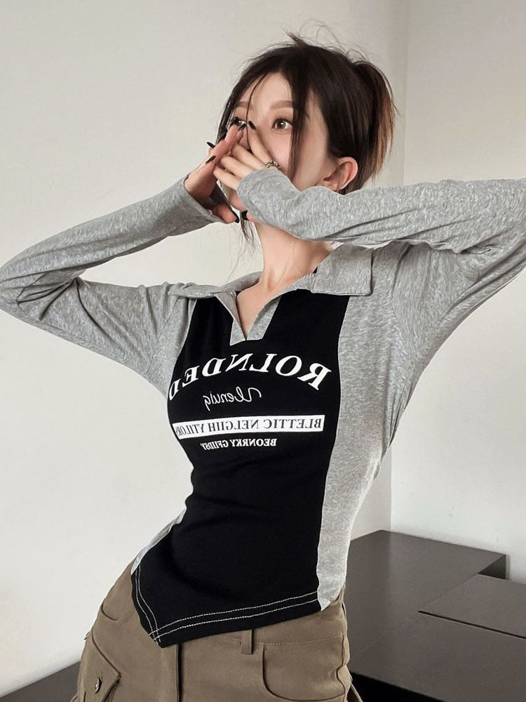 Vintage Y2k T Shirts Women Harajuku Long Sleeve Kpop Tees Slim Irregular Aesthetic Top Korean Fashion Streetwear T-shirts