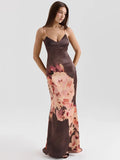  Satin Floral Print Sexy Maxi Dress Women Gown Elegant Spaghetti Strap Sleeveless Backless Bodycon Evening Club Dress
