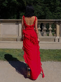 High Quality Summer Elegant Maxi Chiffon Dress Woman  Trendy Square Neck Long Ruffle Party Evening Dress Red
