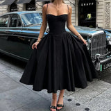 Pbong  American Sexy Spicy Girl Tanks Dresses Solid Color Sleeveless Pleated Patchwork Long Dress Slim Vestidos De Mujer Women Clothing