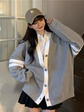 Varsity Cardigan Sweater for Women Long Sleeve V-Neck Button-up Knit Slouchy Cardi Korean School-girl Preppy Fall Winter Outfit
