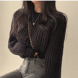 Korean Loose Long Sleeve Sweaters Fashion Women Harajuku Lantern Knit O-Neck Solid Basic Jumpers Autumn Winter Soft Warm Sweater