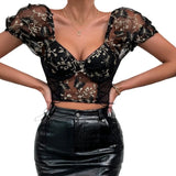 Pbong  Euramerican Elegant Exquisite Flower Embroidery Summer Shirts All Match Sexy See-through Mesh Tank Tops Y2k Side Cross Strap Tee