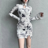 Vintage Butterfly Print Slim Slit Velour Dress