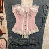 2000s Japanese Style Harajuku Slim Camis Y2k American Vintage Sexy Hot Girl Sleeveless Top French Elegant Lace Patchwork Tanks