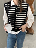 Striped Sweater Vest for Women Gold Button Waistcoat Soft Knitted Sleeveless Cardigan Jacket Top Fall Winter Korean Chic Outfit