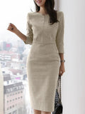 Autumn Women V Neck 3/4 Sleeve Bodycorn Dress Fashion Casual Solid Knee-length Vestido Robe Femme Elegant Work Sundress