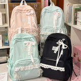 Women's Nylon Lace Bow Backpack Sweet Fresh Aesthetic Daily School Casual Book Bags New Fashion Student Back Packs