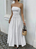 Pbong  Summer Polka Dot Strapless Sleeveless Long Dress Women Fashion Off Shoulder Slim Ruffles Dresses Elegant
