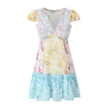 Pbong  Retro French style Contrast Color Flower Print V neck Mini Dress Sexy Short Flying Sleeve Ruffles Hem Slim Waist Robe