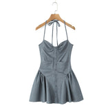 Pbong  Gray Striped Print Ruched Chest Corset Style Bow Halter Sling Dress Women Backless Low Waist Mini Swing Dresses Summer Robe