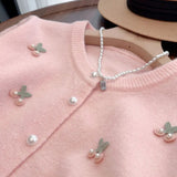 Pink Sweet Pearls Decorate Sweater Cardigan Woman Korean Fashion Print O Neck Knitwear Women Long Sleeve All Match Knitted Tops