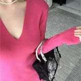 Solid Color Basic Simple Knitting Long Dress New V-neck Slim Fashion Autumn Women's Dress Sexy Chic Tight Female Winter Vestidos