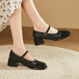 Pbong  Beige Japanese Style Lolita Square Toe Heels Mary Jane Buckle Strap Woman Footwear with Medium Shoes for Women Chunky Gothic Y2k