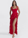 Ruffle Thigh High Split Midi Dress For Women Robe Spaghetti Strap Sleeveless Backless Bodycon Sexy Slipdress Vestidos