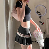 American Sweet Constrast Color Pleated Skirts Y2k Aesthetic Harajuku Punk Side Buttons Short Skirt Vintage Striped Girl Bottom