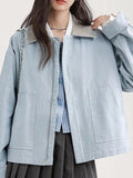 Blue Cargo Jacket Women Sweet Preppy Style Long Sleeve Retro Coat Casual Patchwork Turn Down Collar Korean Fall Outwear Top