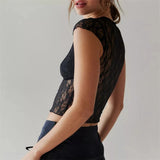 Sheer Crop Top 2000s Women Sexy See Through V Neck Sleeveless Floral Lace Tanks Slim Fit Vest y2k Aesthetic Clothing