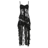 Pbong  Women Dress Sexy Patchwork Mesh Strapless Irregular Waist Ruffled Split Black Dresses Fashion Night Party Vestidos