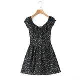 Pbong  French Retro Bow Ruched Chest V collar Corset Style Mini Dress Women Low Waist Ruffles Hem Short Puff Sleeve Swing Dresses