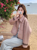 Pink Y2K Faux Suede Jacket Women Vintage Streetwear Long Sleeve Loose Coat Korean Casual Harajuku Fall Winter Outwear Tops